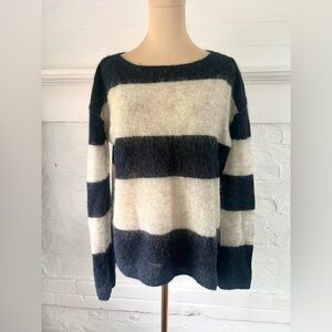 Pam And Gela Alpaca Blend Blue and Cream Striped Sweater Relaxed Fit Bateau Neck